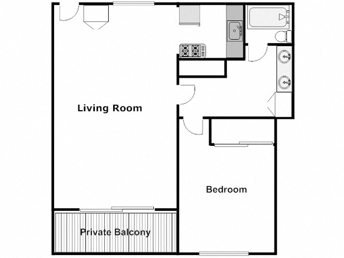 Floor plan for 1 bed, 1 bath, 750 sqft